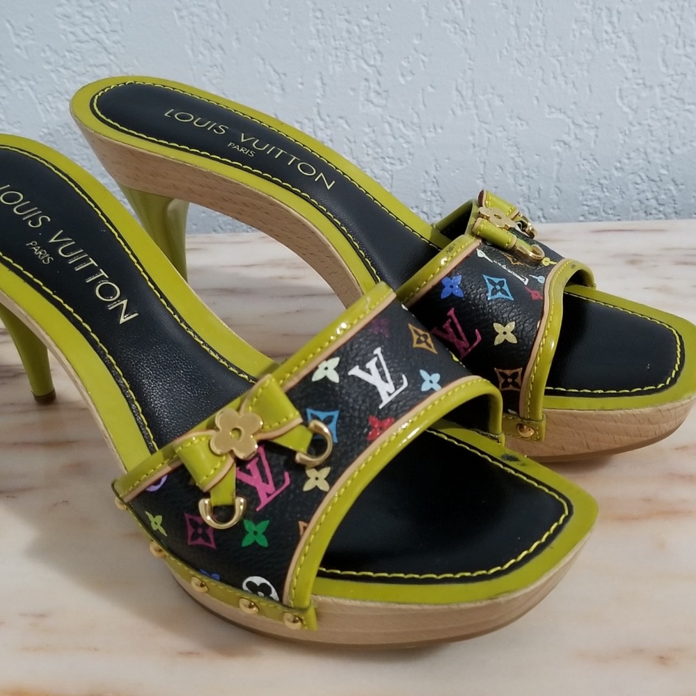 Louis Vuitton wooden clogs heels black green